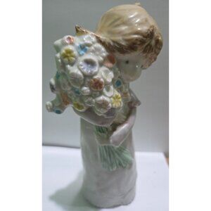 Vintage Enesco Girl Kinka Figurine With Flower Bouquet Made in Japan 1988